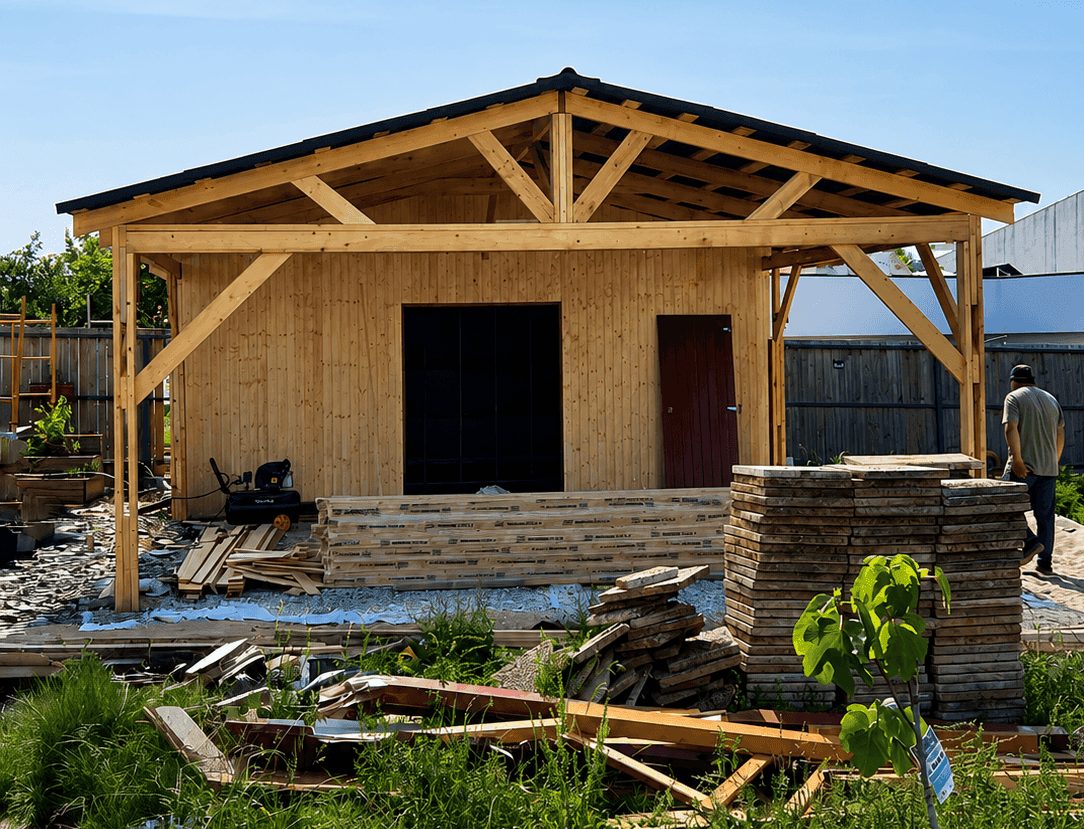 Timber frame structure under construction.