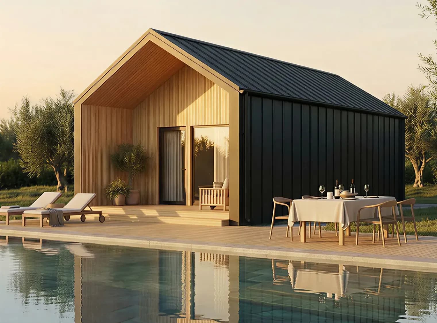 Compact modern wooden house with gabled roof and terrace