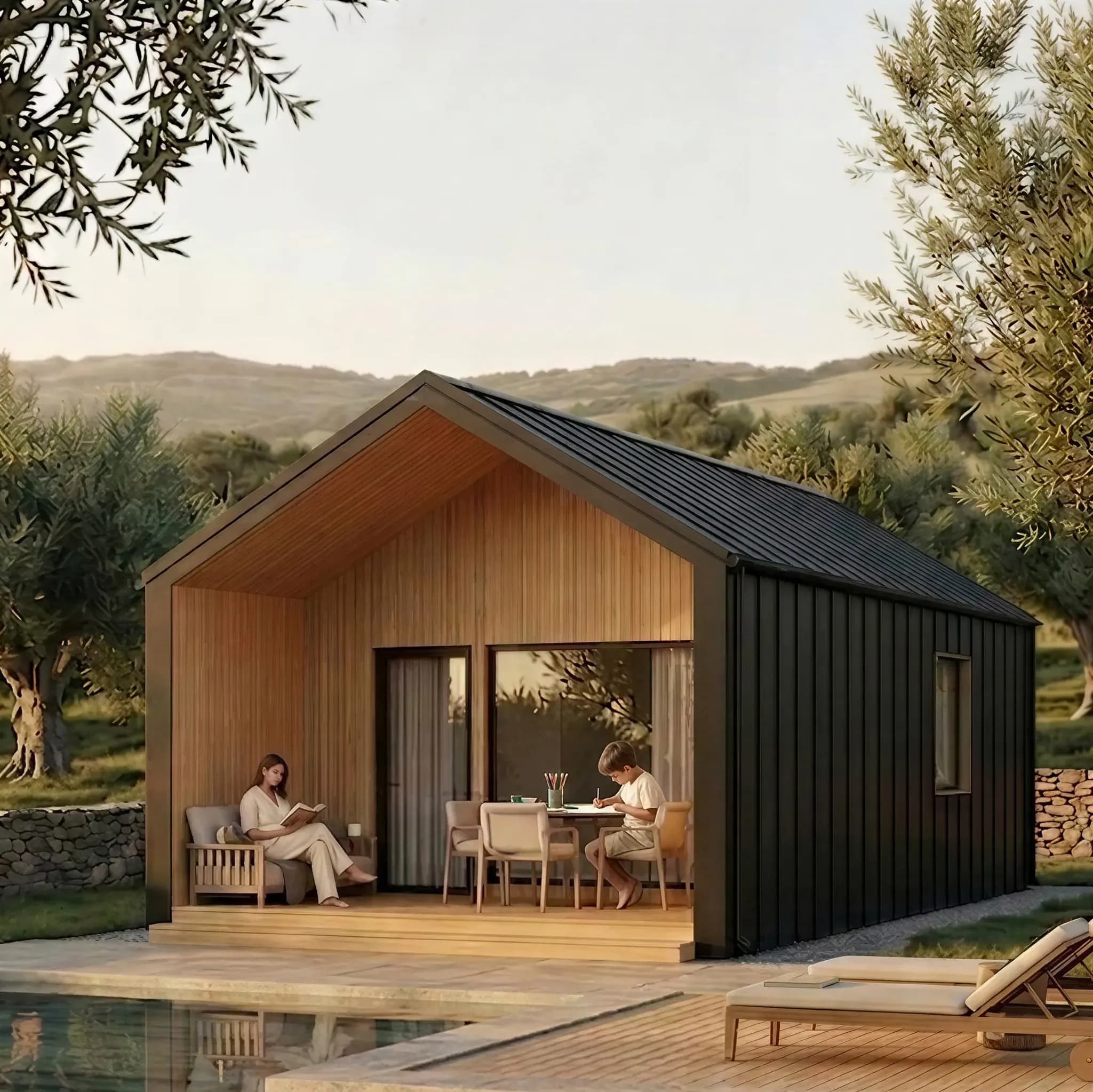 barn house with gable roof and terrace