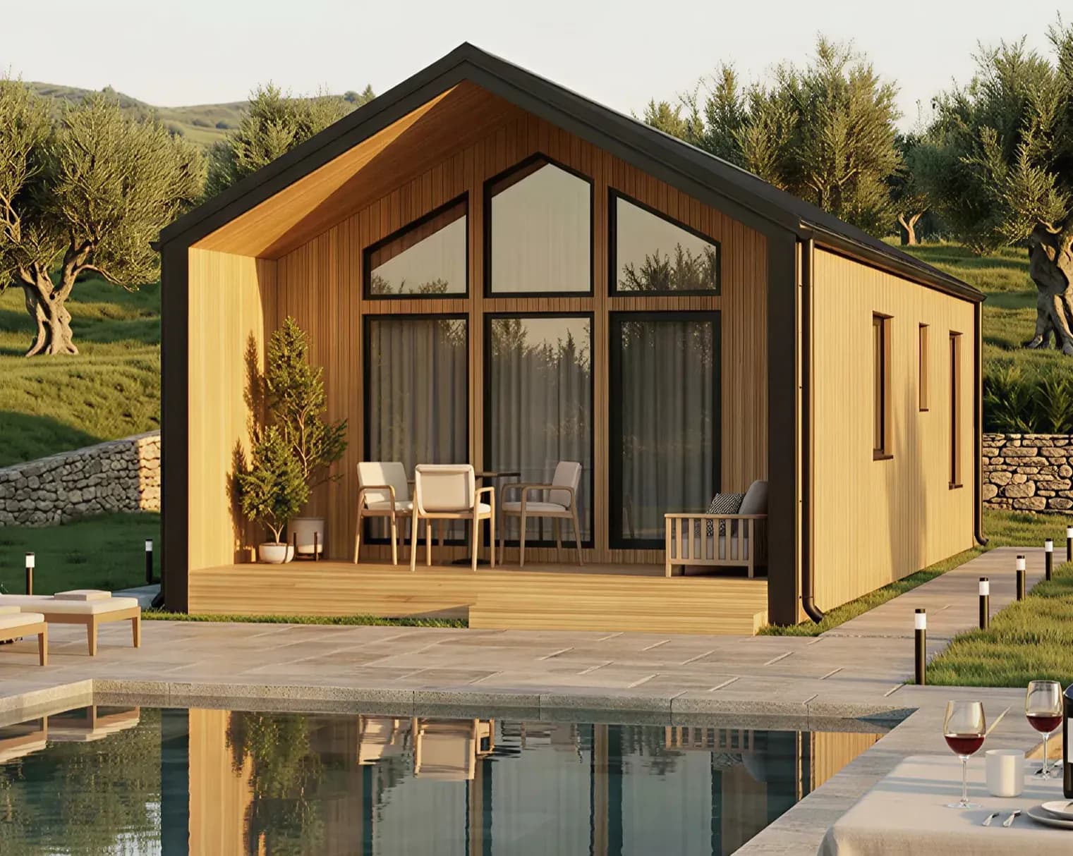 Prefabricated timber house with modern exterior and warm wood entrance
