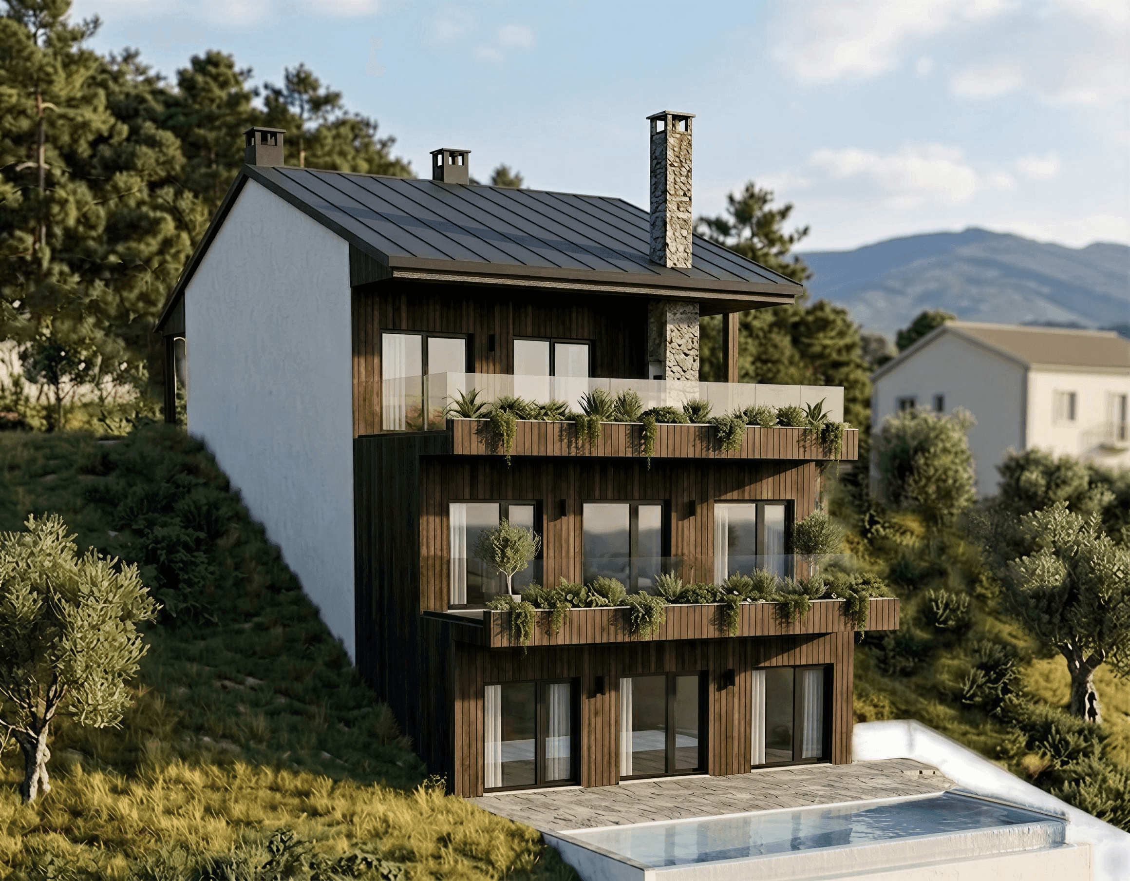 modular house installation Portugal fast on-site construction, custom home,  on the hill, pool, turnkey