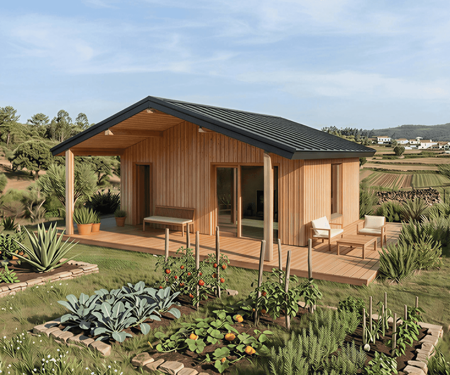 Prefabricated wooden tiny house with pergola